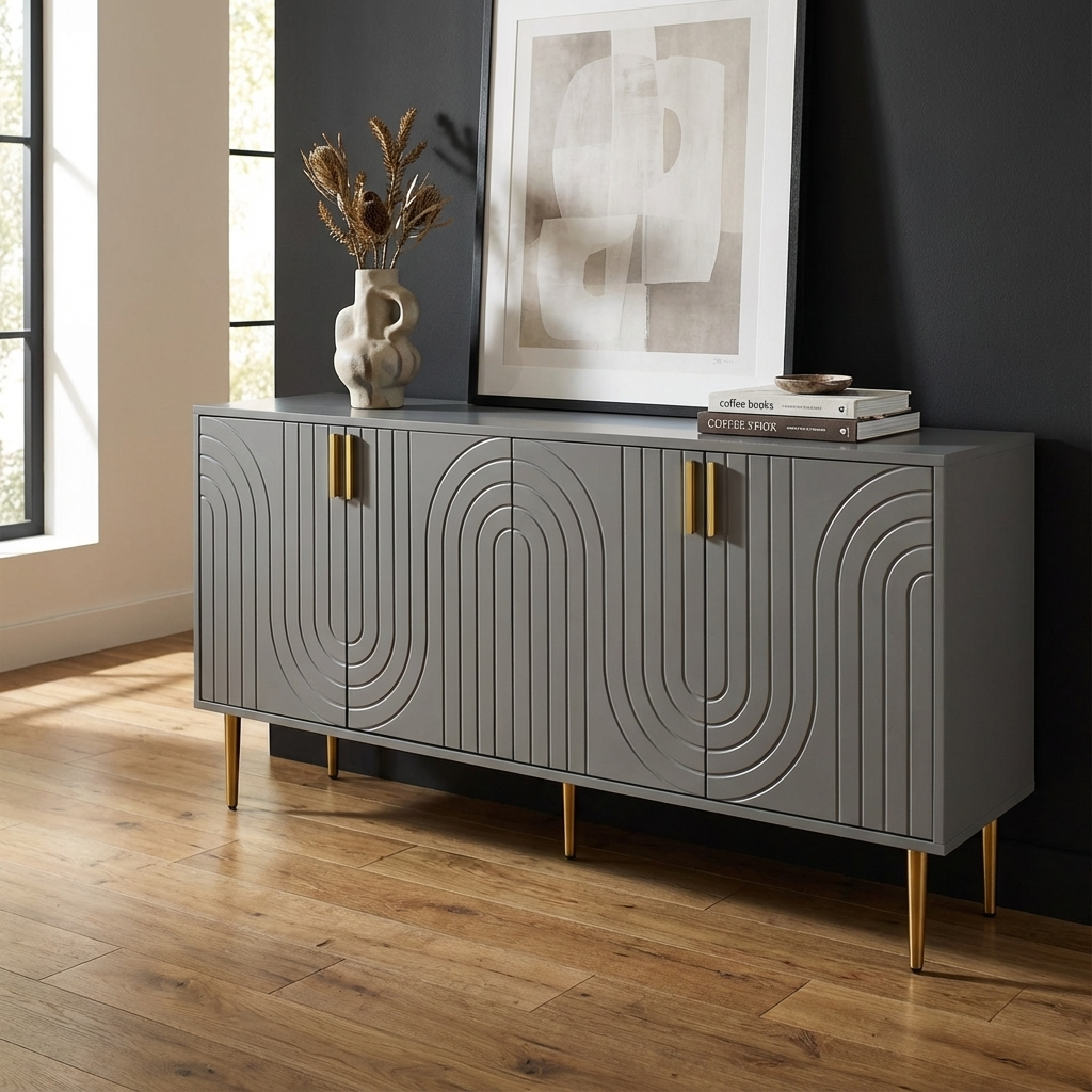 Premium grey sideboard with decorative elements in a room with a window and framed picture.