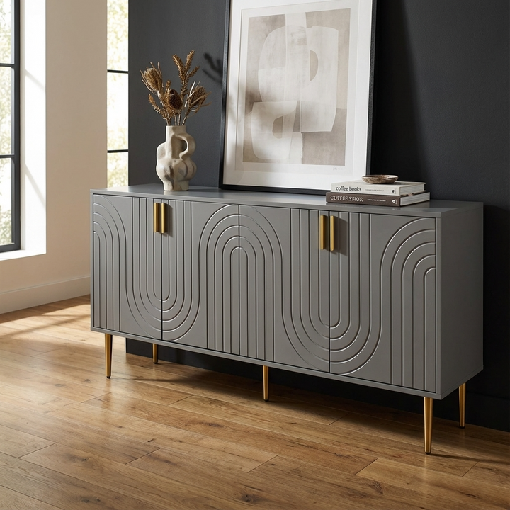 Premium grey sideboard with decorative elements in a room with a window and framed picture.