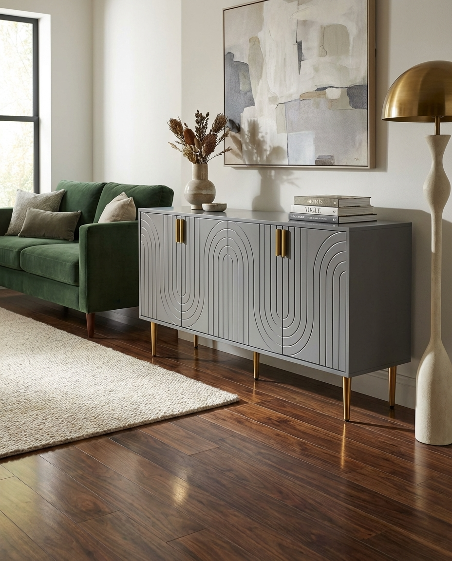 Modern living room with a green sofa, grey sideboard, and abstract painting.