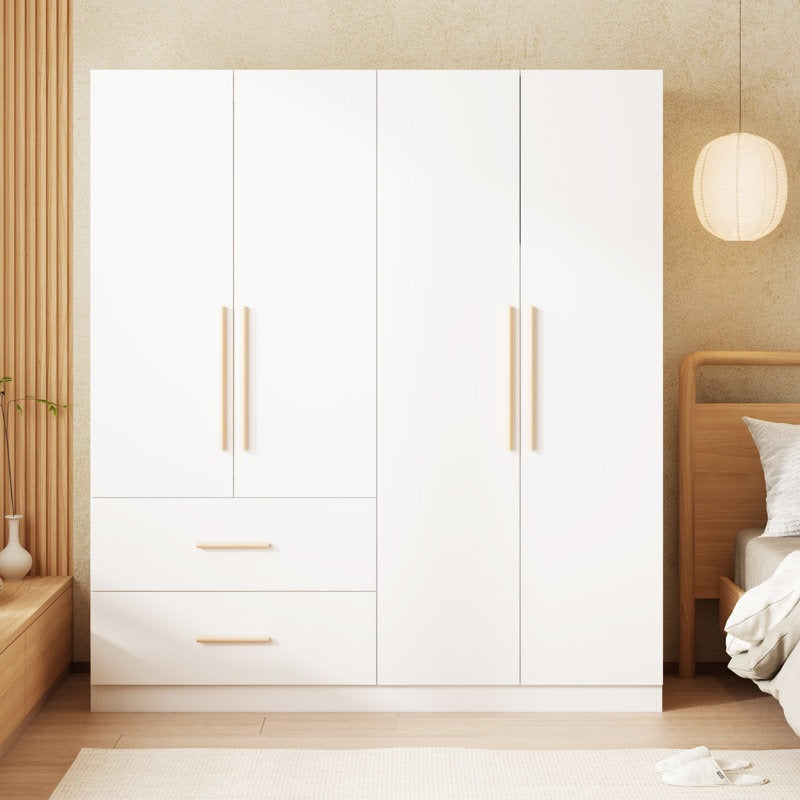 A matte white 4-door wardrobe with solid wood handles.