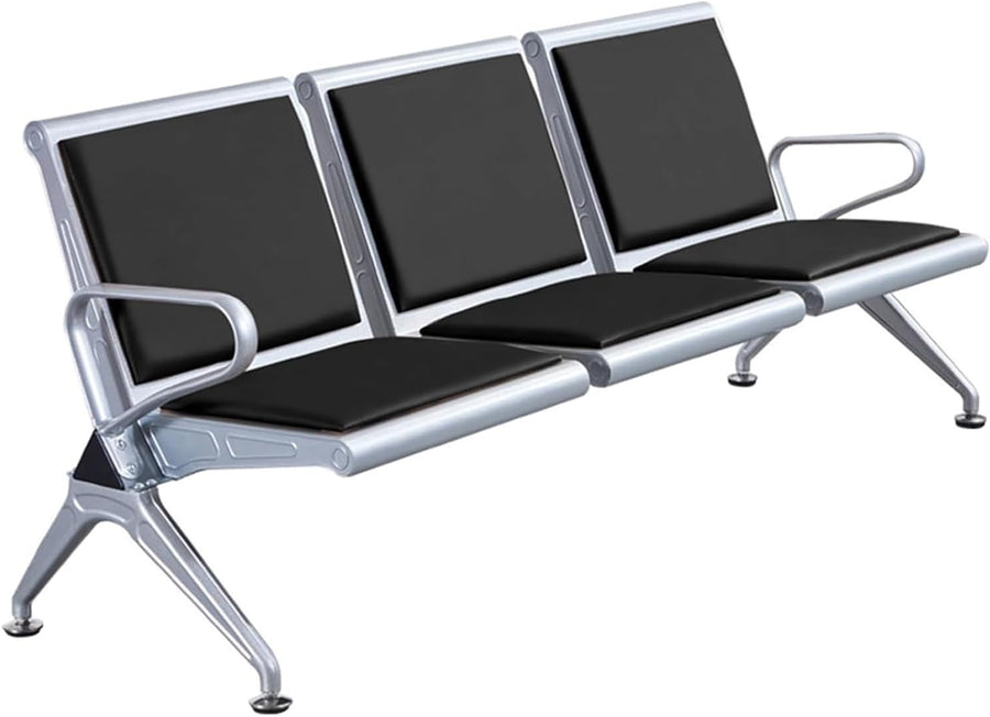 Row of black seats with metal frame on a white background