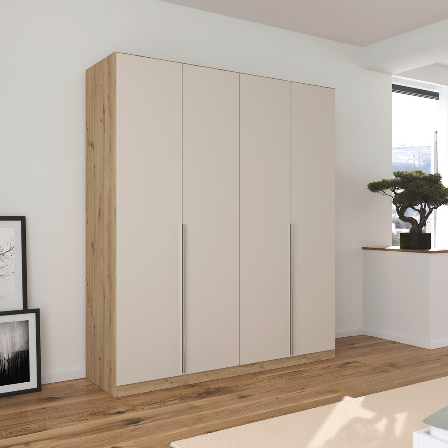 A modern 4-door wardrobe in Beech/Beige color with handle-less design, featuring a clean minimalist aesthetic with visible shelves and hanging rods inside.