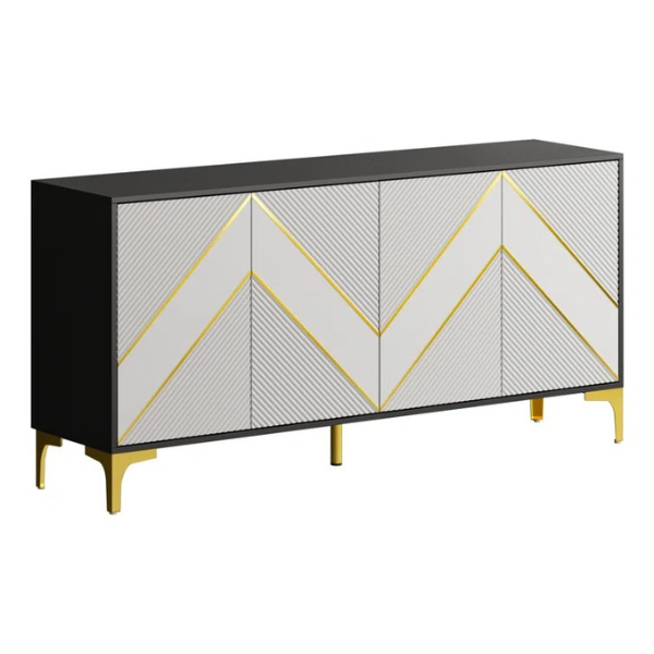 Premium white and grey sideboard cabinet with geometrical design with gold accent