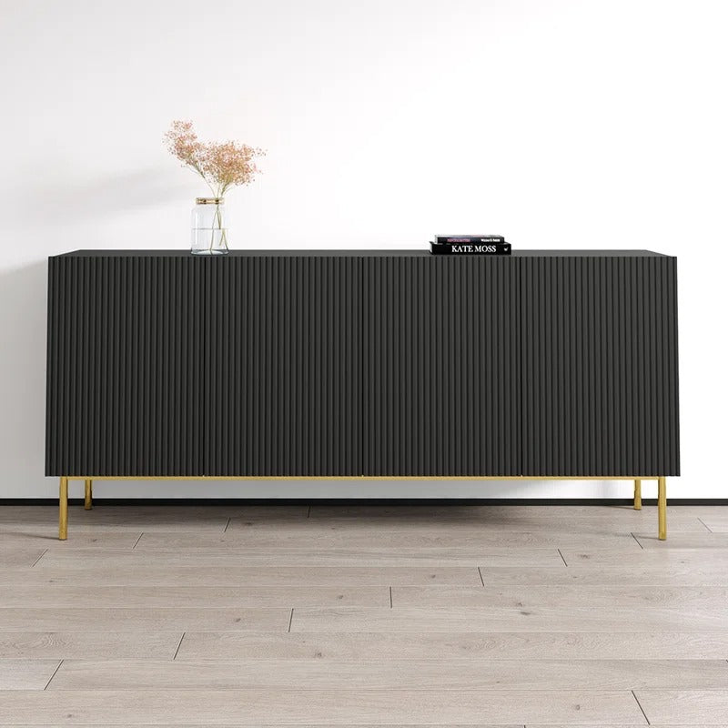 Stylish black mdf sideboard with modern vertical lines and golden legs