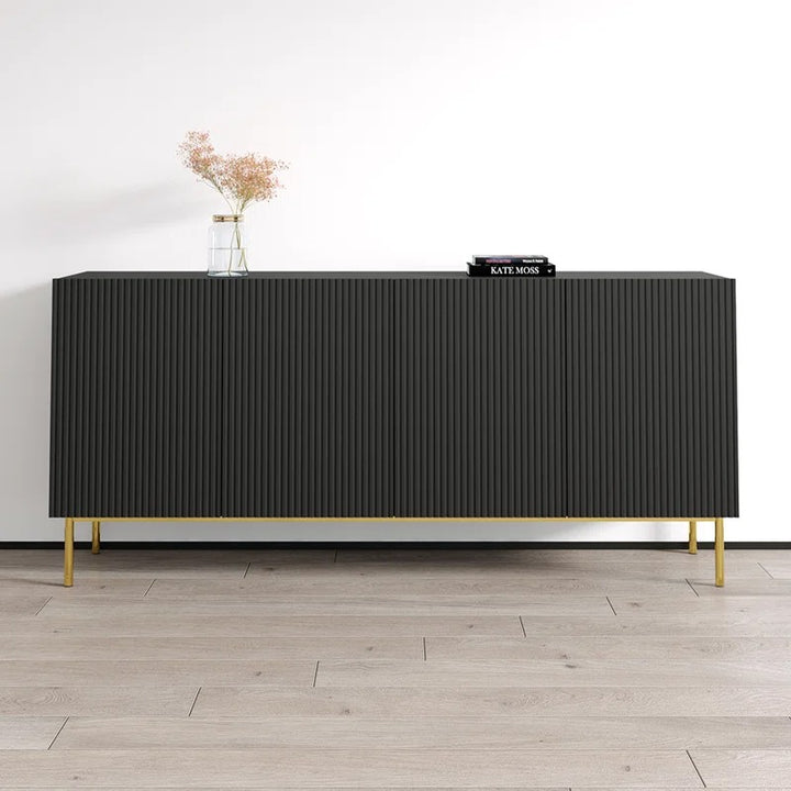 Stylish black mdf sideboard with modern vertical lines and golden legs
