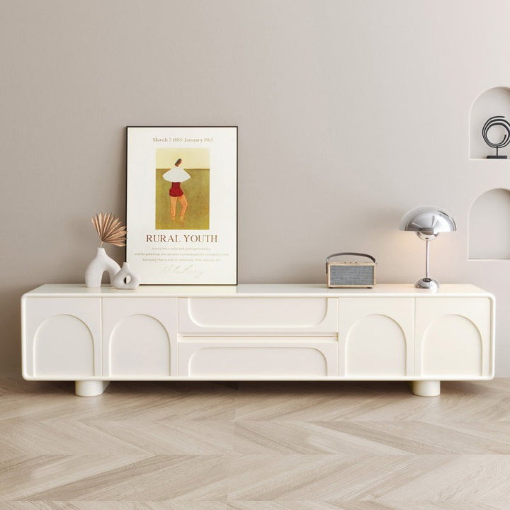 A white, large Mail TV stand with a partitioned layout featuring two drawers and two doors, with a high-gloss PU-painted finish. It has push-to-open doors and built-in threading holes for cable management.