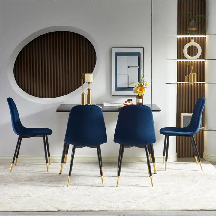 Modern simple oak-look melamine veneer tabletop with thickness, with gold coating accents on the ends of the steel legs. 