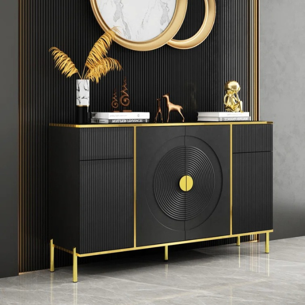 Elegant Black Buffet crafted from high-quality MDF Board with a sleek PU paint finish and golden accents.
