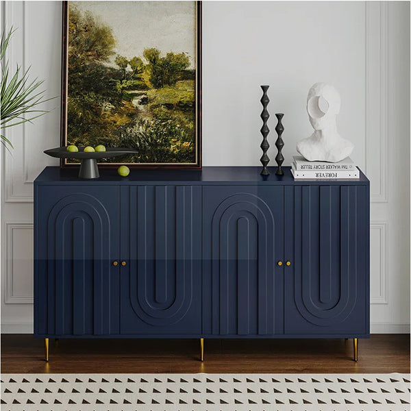 Modern blue Corbin sideboard with  doors and gold metal legs for stylish storage