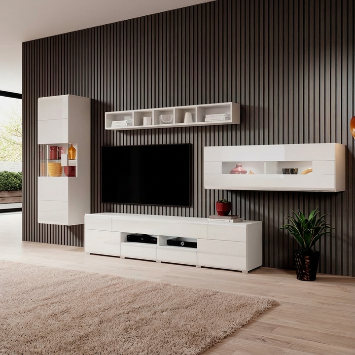 Modern living room with white entertainment console and wall-mounted shelves against a striped wall.