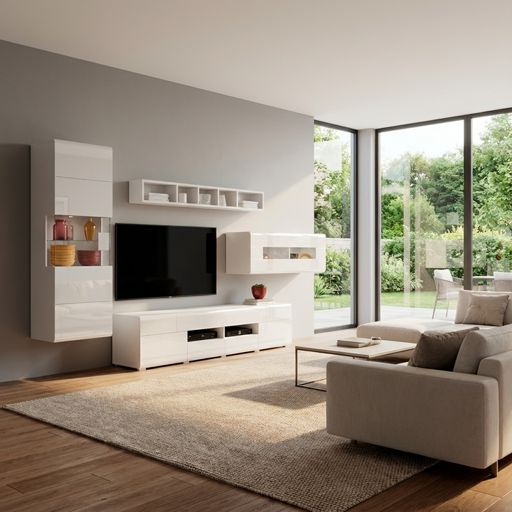 Modern living room with a white TV unit, TV, and beige sofa.
