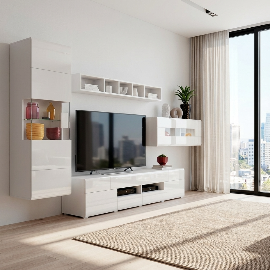 Modern living room with modern white tv unit set and TV