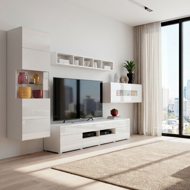 Modern living room with modern white tv unit set and TV