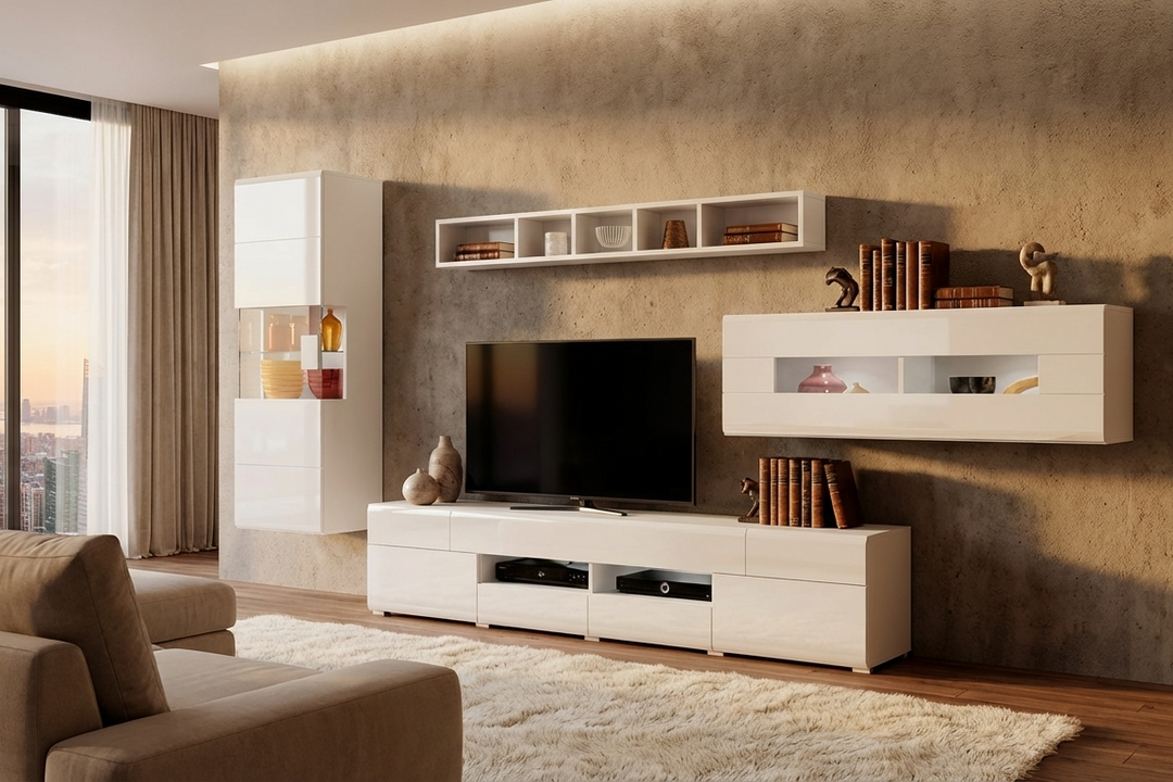 Modern living room with white entertainment console, TV, and decor items.