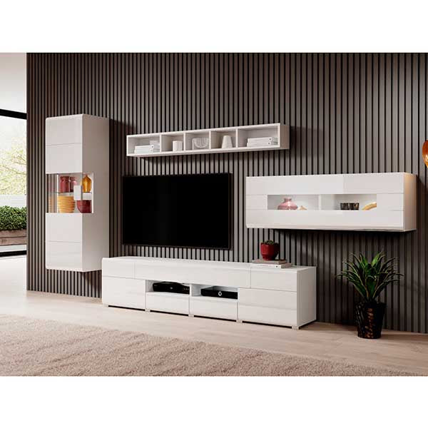 A modern white TV unit set with multiple shelves, drawers and a glass panel in a room with striped wall panels and a flat-screen TV.