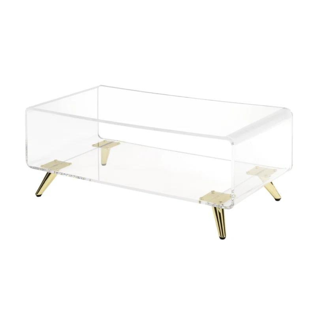 Mosaic acrylic coffee table clear, featuring a roomy two-tier platform and gold metal supports, perfect for minimalist interiors.
