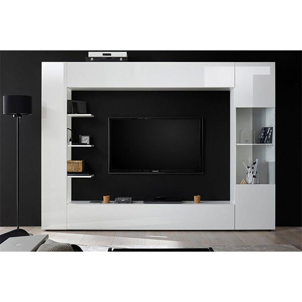 white tv unit set with tv in modern living setting