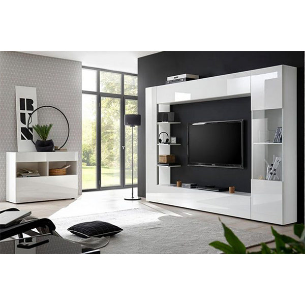 Designer white tv unit set in a living room