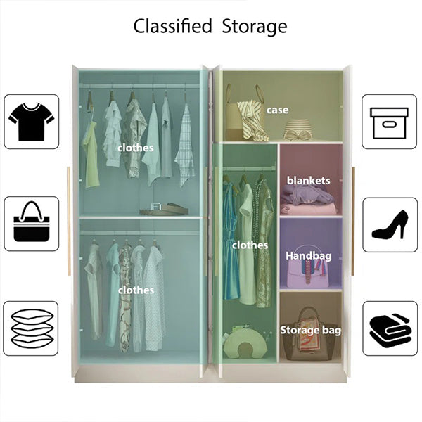 classified storage space of white 4-door wardrobe for organize storage