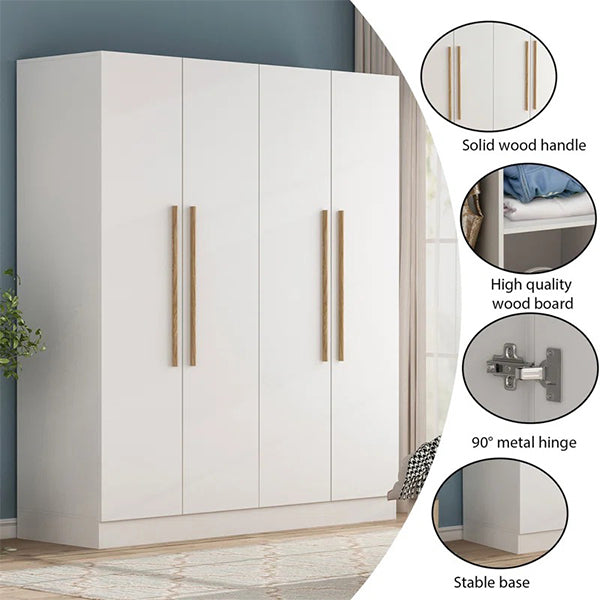 premium white wardrobe with solid wood long handles, high-quality wood board, metal hinges and stable base