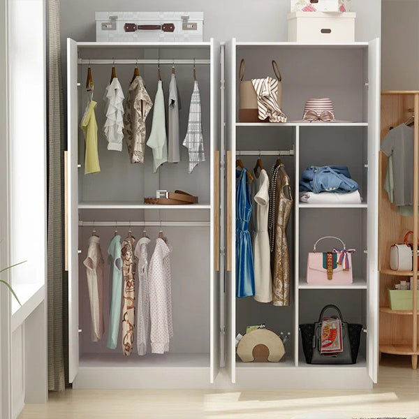 A 4-door wardrobe in sleek white show internal storage 