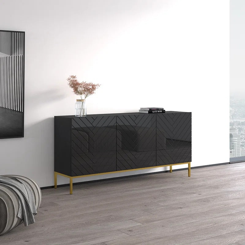Premium black sideboard cabinet with geometric pattern design and golden legs, perfect for modern living