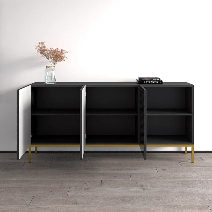Modern sideboard cabinet in black PU finish with premium golden legs  