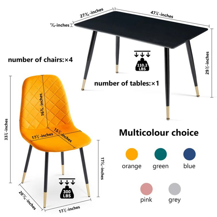 dimension of modern 4-seater dining table and chair on white background
