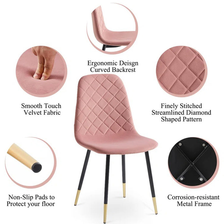 Modern pink chair crafted from velvet fabric, non-slip pads, and a corrosion-resistant metal frame. 