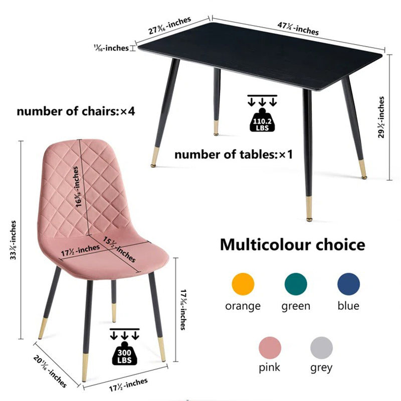 dimension of black dining table and pink chair on white background