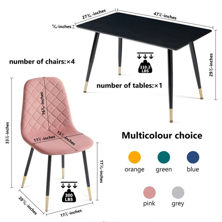 dimension of black dining table and pink chair on white background