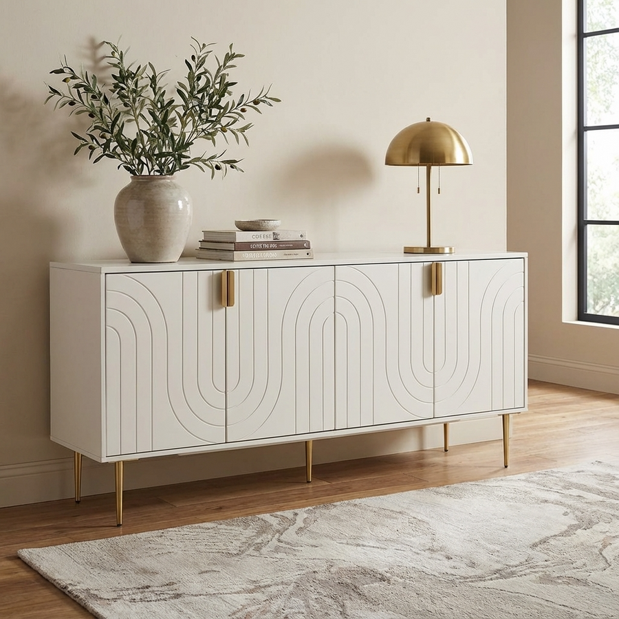 modern white sideboard with decorative elements in a room setting