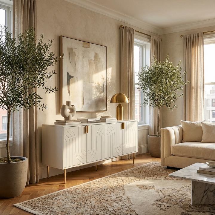 Modern living room with a modern white sideboard, beige sofa, and decorative plants.