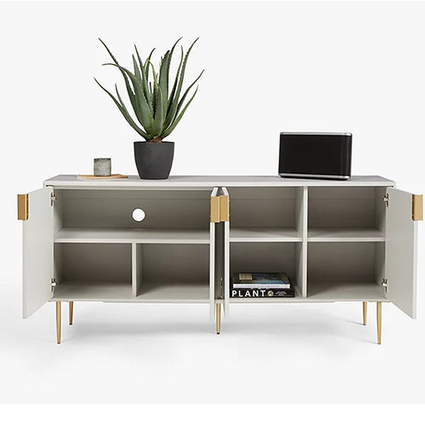 Modern white sideboard cabinet with open drawers