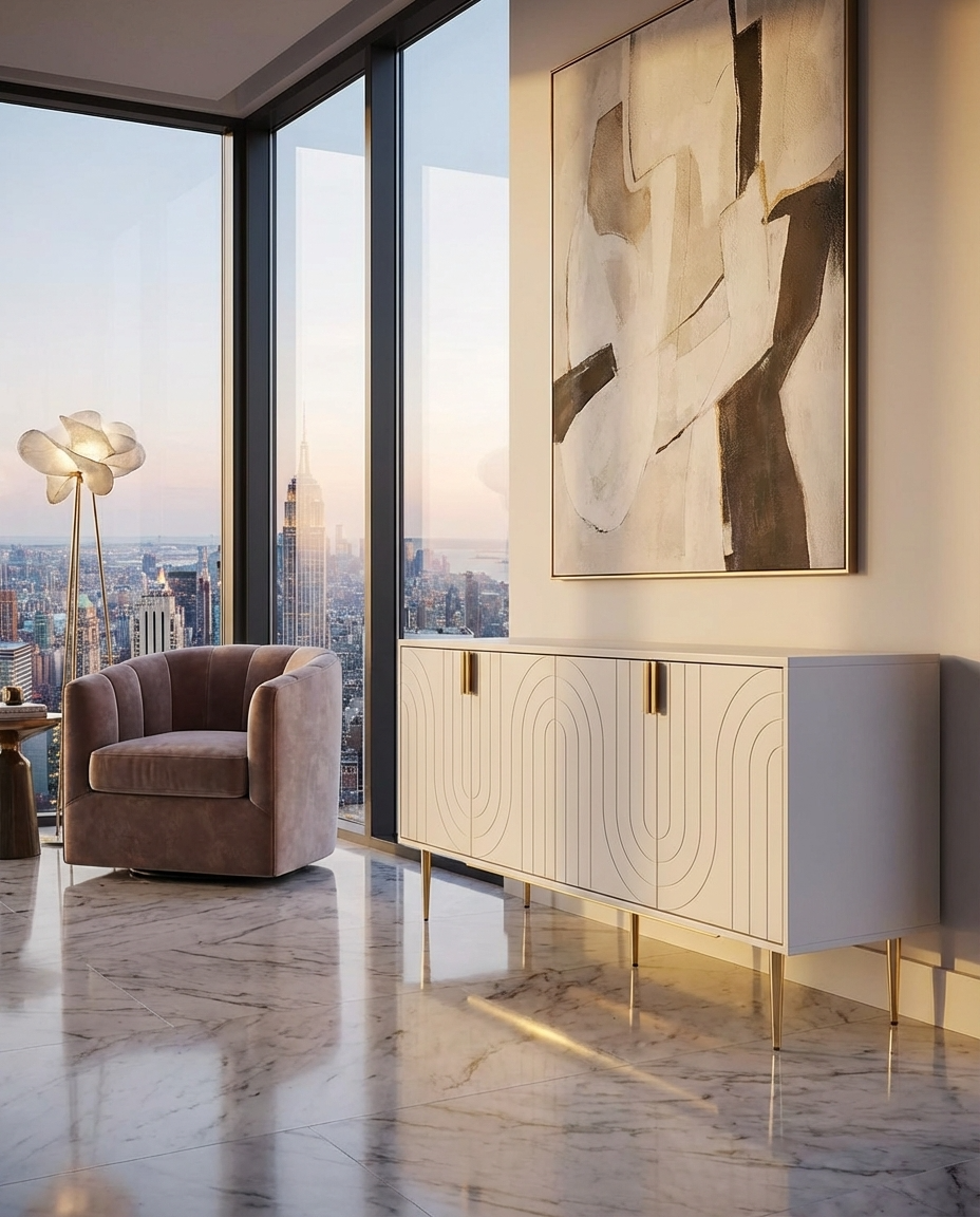 Modern interior with a brown armchair, stylish white sideboard, and abstract art in a room with a city skyline view.