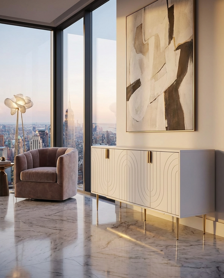 Modern interior with a brown armchair, stylish white sideboard, and abstract art in a room with a city skyline view.