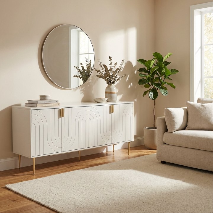 Modern living room with a modern white sideboard, round mirror, and beige sofa.