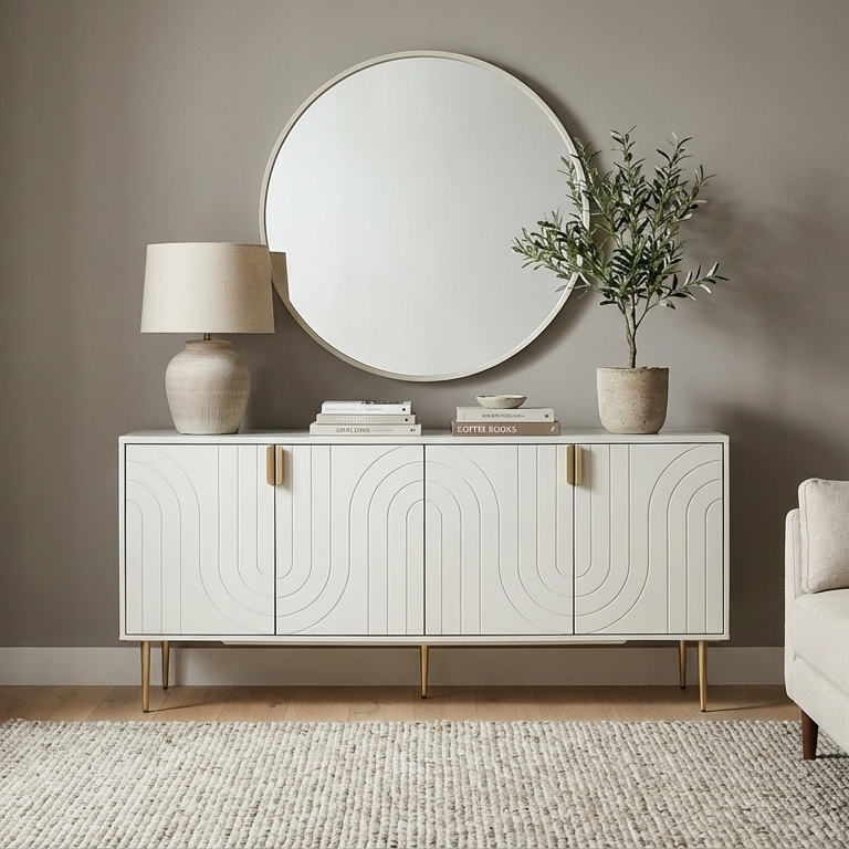 White sideboard with decorative elements in a room setting