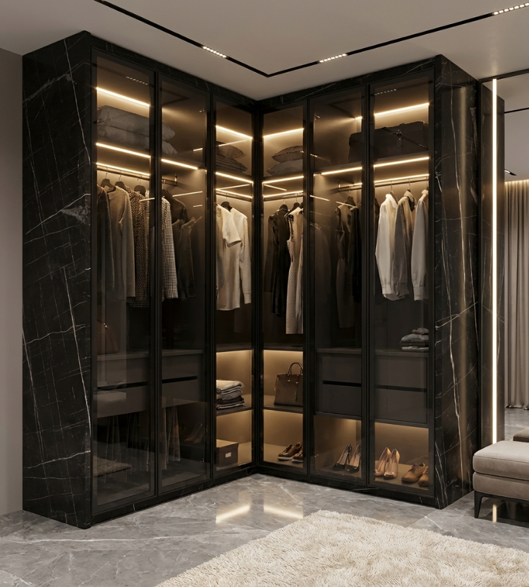 Modern walk-in closet with black marble walls and reflective surfaces