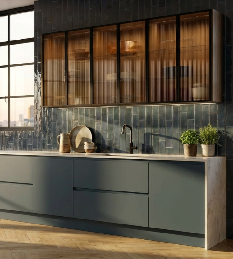 Modern kitchen with grey cabinets, a tiled backsplash, and a window view.