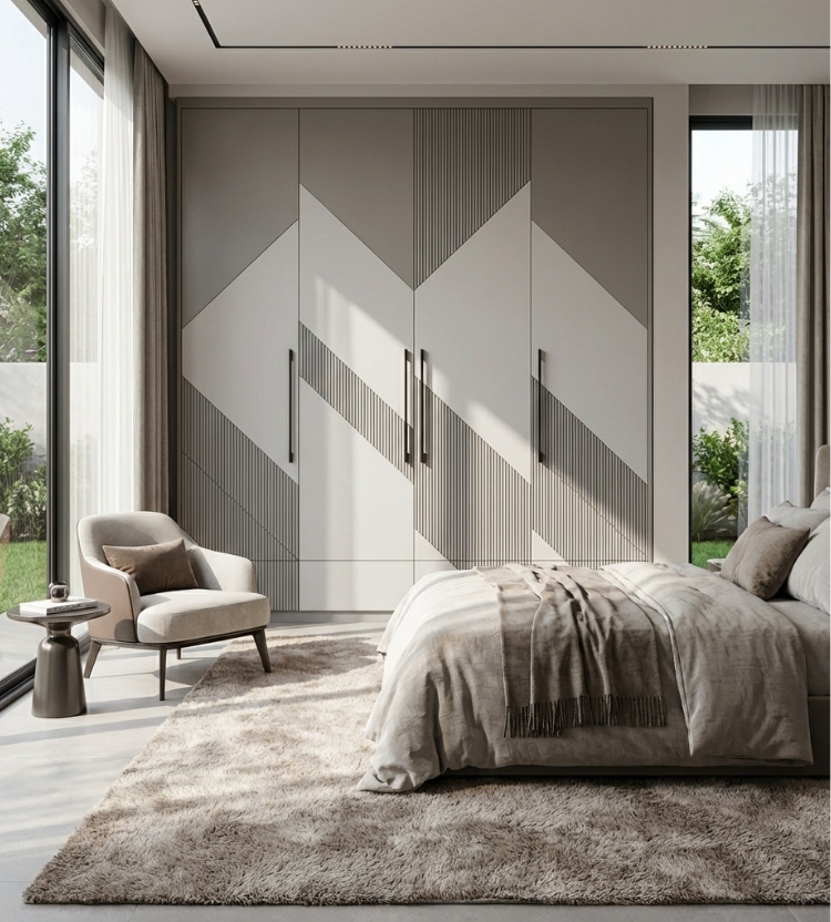 Modern white and grey bedroom with geometric-patterned wardrobe and armchair.