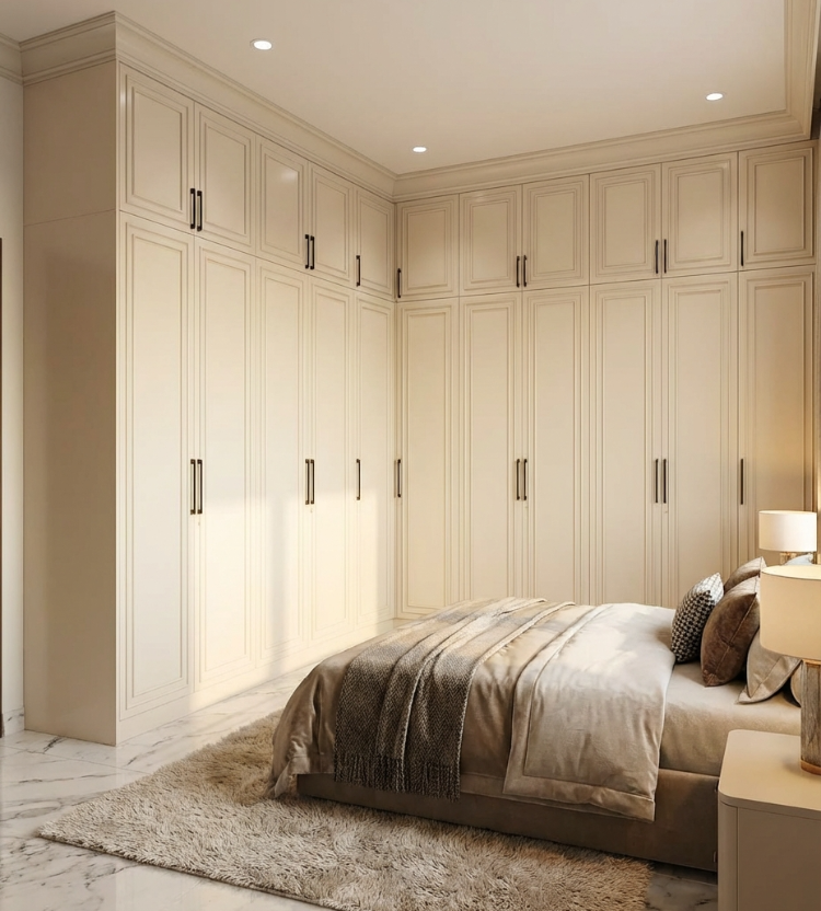 Modular modern bedroom with beige walls, bed, and nightstands.