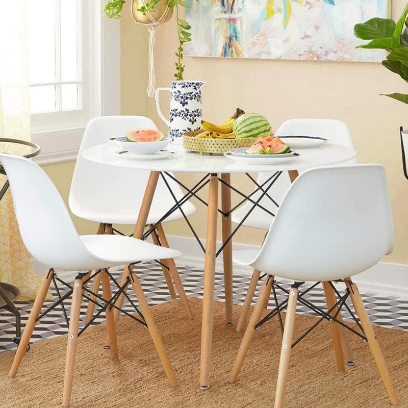 Space 4-seater round dining table set with white and brown two-tone finish and four chairs tucked underneath.