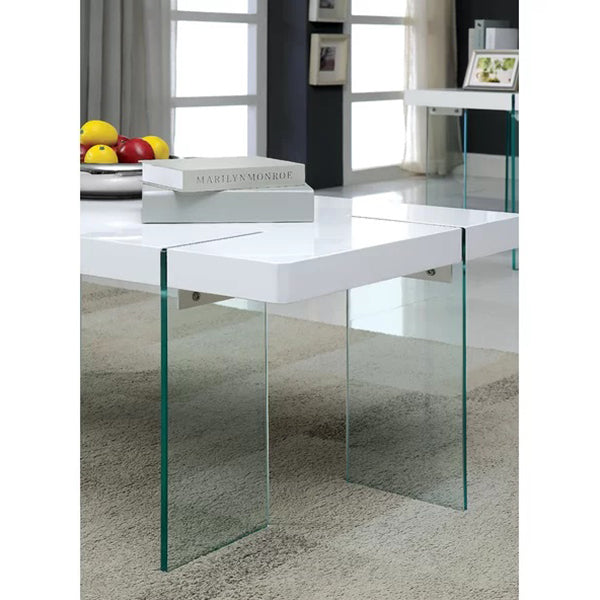 WHite pu finish center table with glass legs