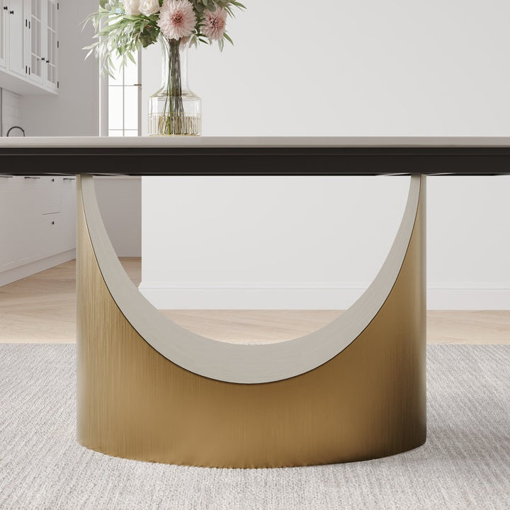 Modern dining table with a unique base design in a home setting