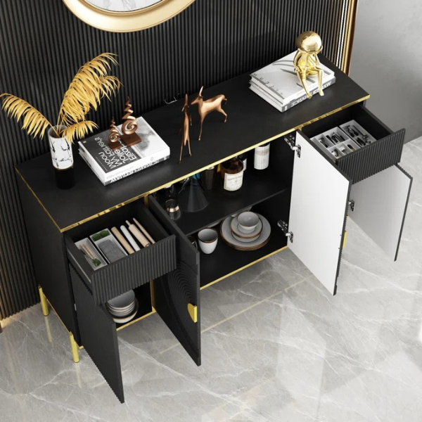 Upper view of black sideboard with open drawers