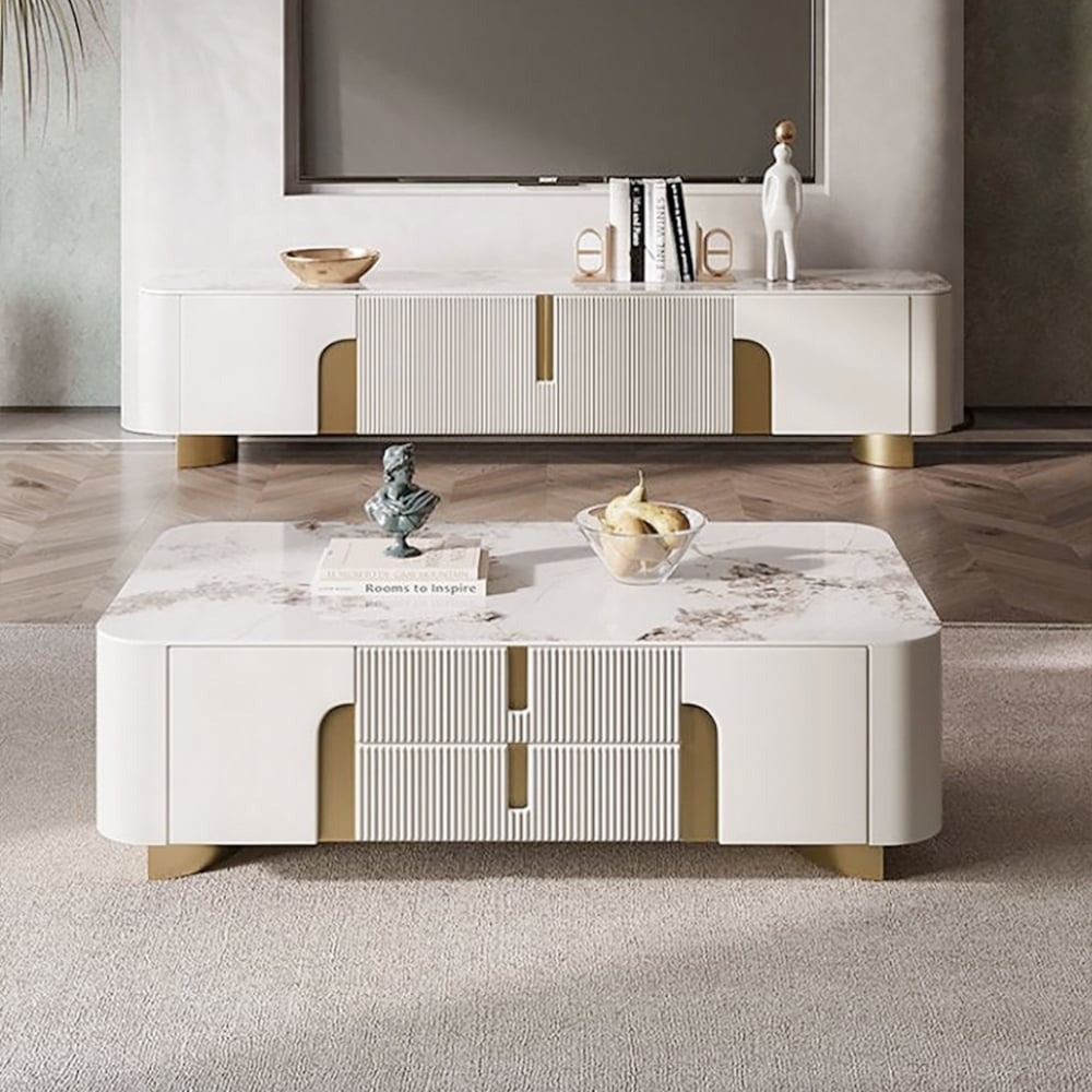 Vista beige coffee table with luxurious stone top and hidden storage drawers, styled in a modern living room setting.