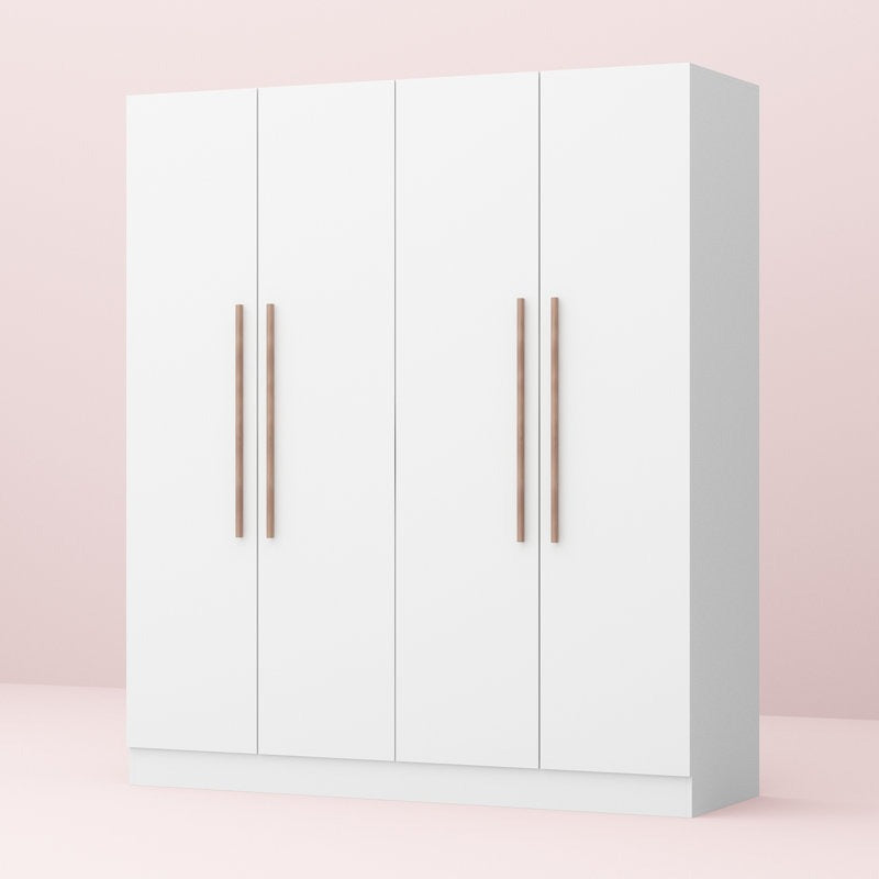 White elegant wardrobe with wooden handles