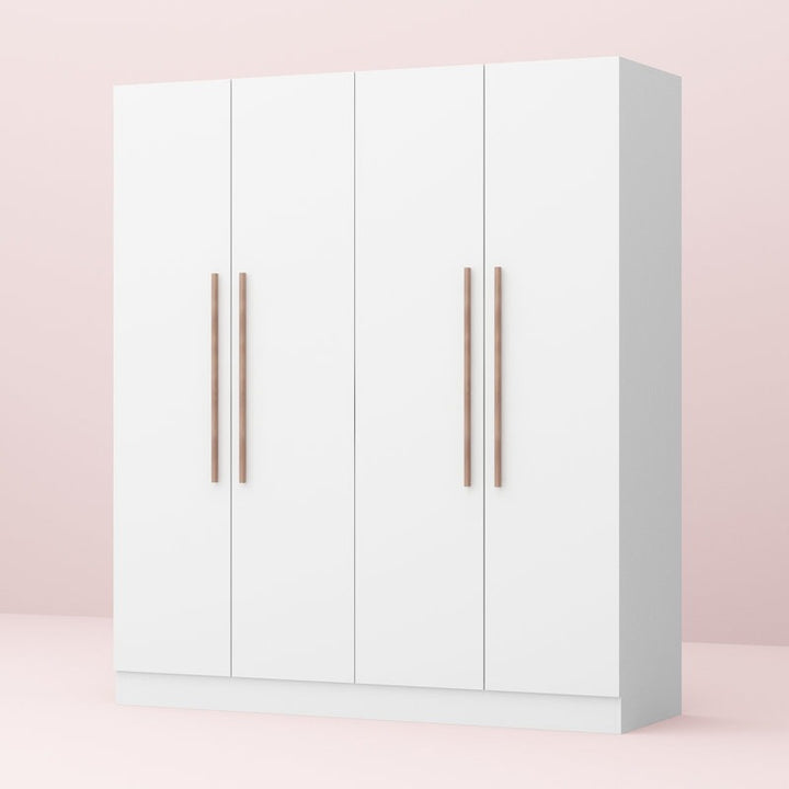 White elegant wardrobe with wooden handles