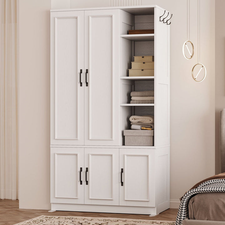White wardrobe with shelves in a room setting